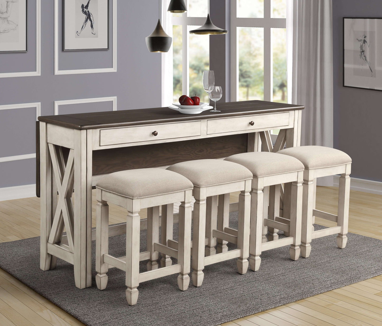 Waverly Drop Leaf Counter Set (Table + 4 Stools) - leaves down, space saving front view in a staged home